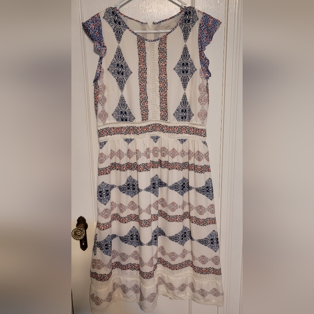 LOFT NWOT Boho Print Cream Midi Dress, Sz. 10